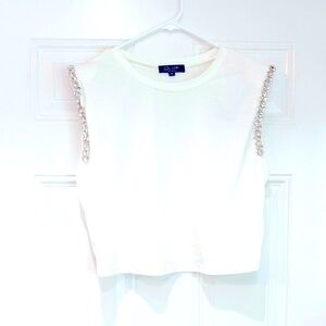 Embellished Shoulder White Crop Tank Top